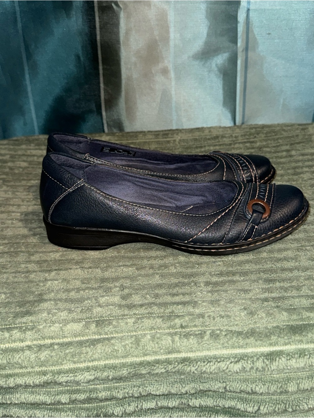 Clarks Navy Leather Ballet Flats with Decorative Buckle